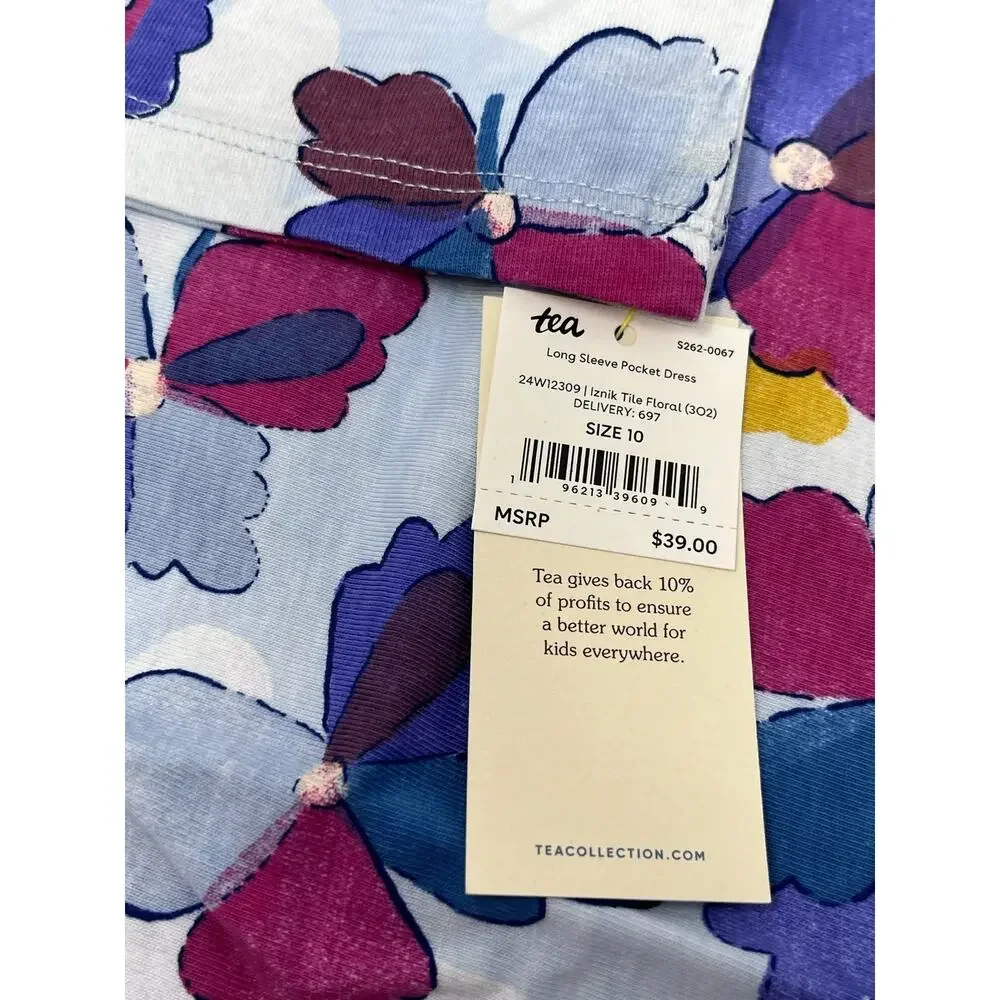 Tea Collection Drop Waist Long Sleeve Pocket Dress | Size 10 | 100% Cotton | NWT